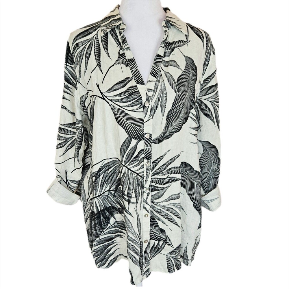 Tahari Tropical Button Up Linen Tunic Women's Medium Oversized Roll Tab Sleeves